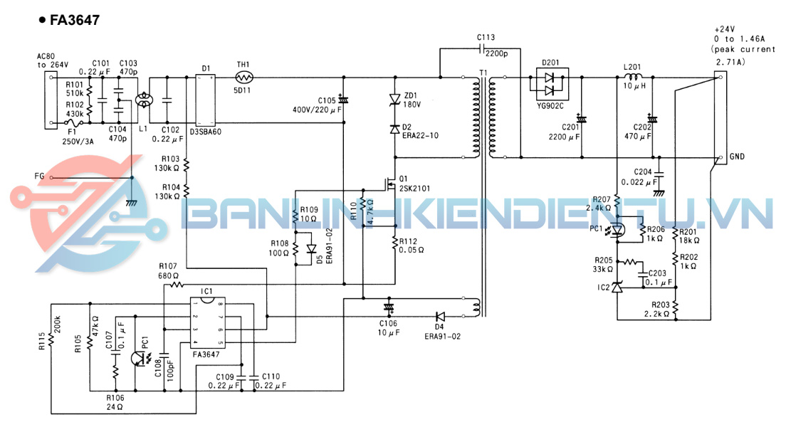 Sơ đồ mạch ứng dụng FA3647