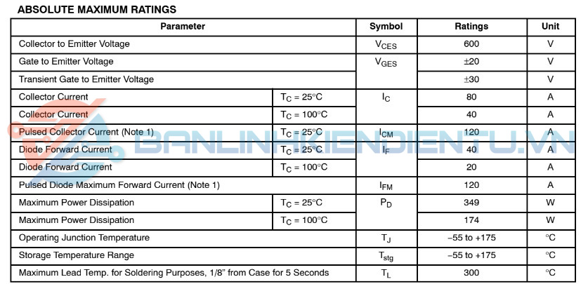 Thông số kĩ thuật FGH40N60