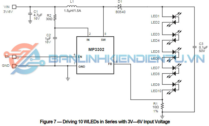 Điều khiển 10 WLED nối tiếp với điện áp đầu vào 3V—6V