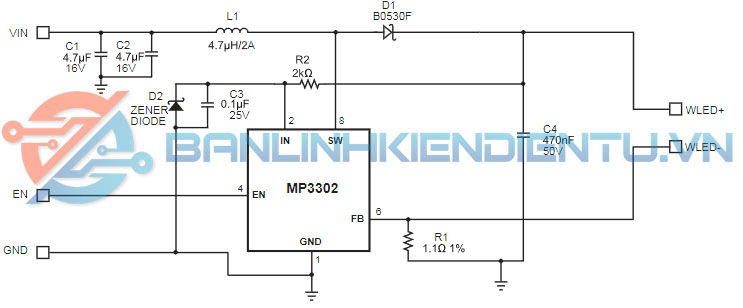 Điều khiển 27 WLED (3 WLED nối tiếp và 9 chuỗi) với điện áp đầu vào 3 V