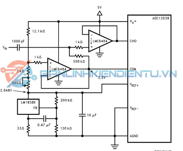 Hoạt động từ cùng một Điện áp cung cấp, LMC6484 đệm cho ADC12038 để duy trì độ chính xác