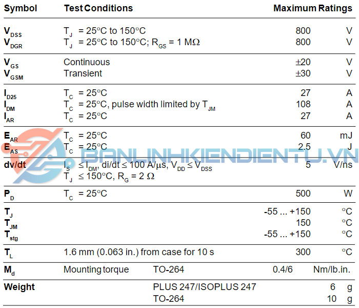 thông số kỹ thuật IXFX27N80Q