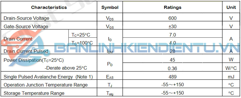 thông số kỹ thuật FIR7N60F