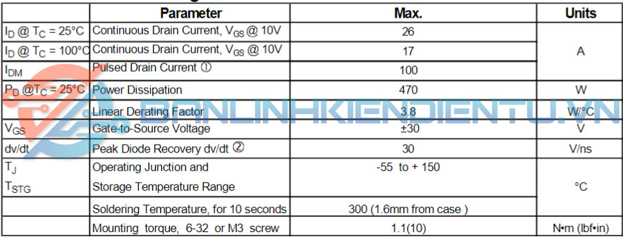 thông số kỹ thuật IRFP26N60L