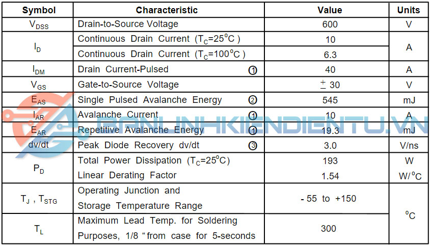 thông số kỹ thuật SSH10N60A
