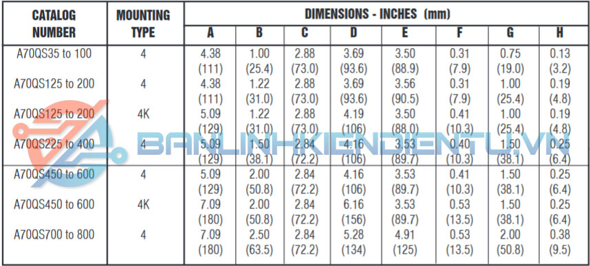 Thông số kích thước A70QS500-4K