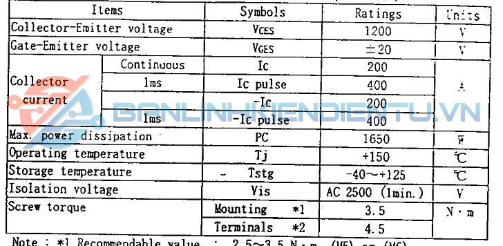 Thông số kĩ thuật 2MBI200NT-120-01