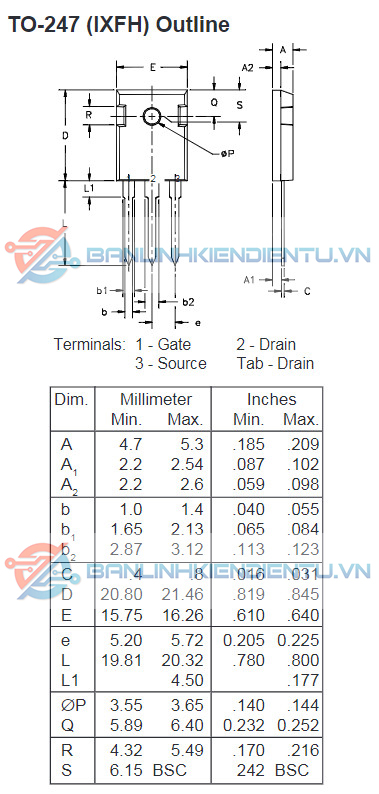 Kích thước Mosfet IXFH44N50P_