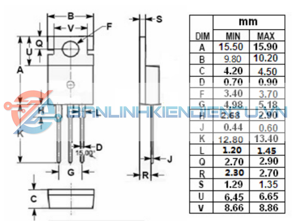 Kích thước của Mosfet IRF1404_