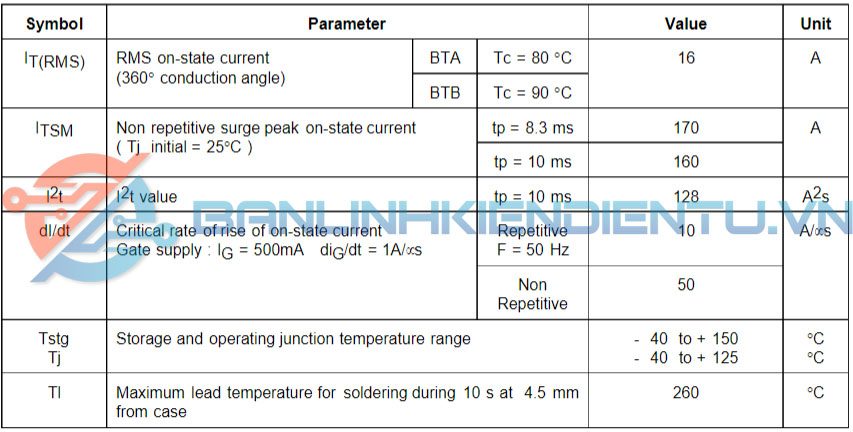 thông số kỹ thuật BTA16-800B