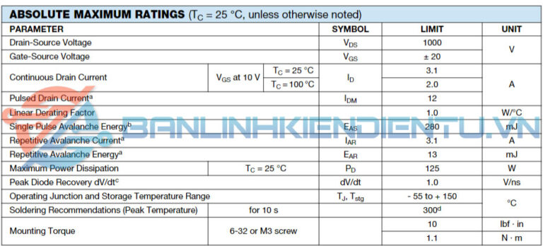 thông số kỹ thuật IRFBG30