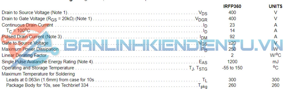 thông số kỹ thuật IRFP360
