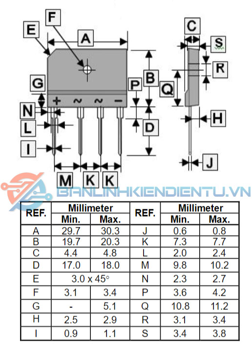 kích thước diode GBJ5010