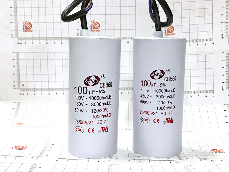 Tụ khởi động CBB60 100uF 450V SENJU (màu trắng) 53x120mm