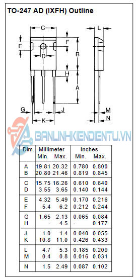Kích thước IXFH70N15