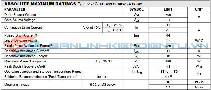 Thông số kĩ thuật IRFPC50