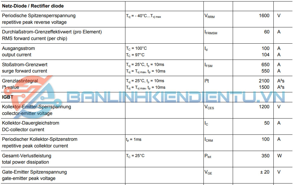 Thông số kỹ thuật DDB6U100N16RR