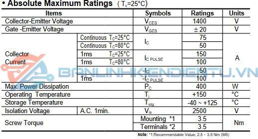 Thông số kĩ thuật 2MBI75P-140