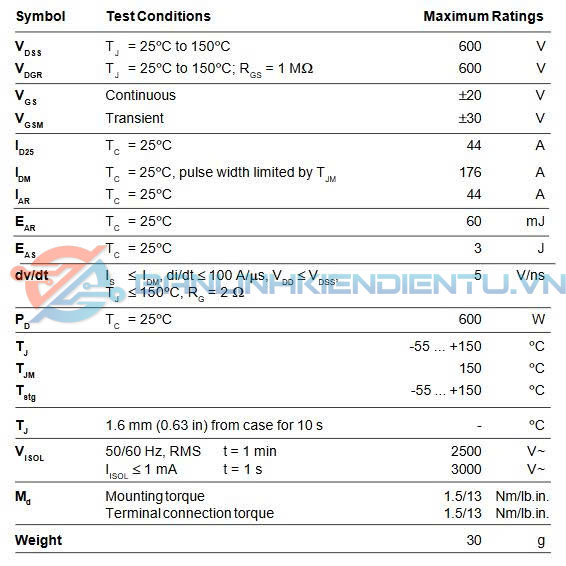 Thông số kĩ thuật IXFN44N60