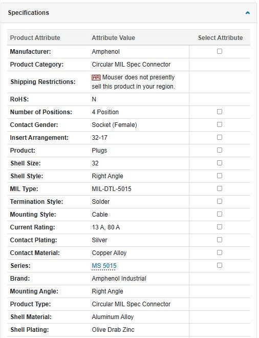 Đầu nối nguồn động cơ Servo MS3108B32-17S 4 chân loại thẳng