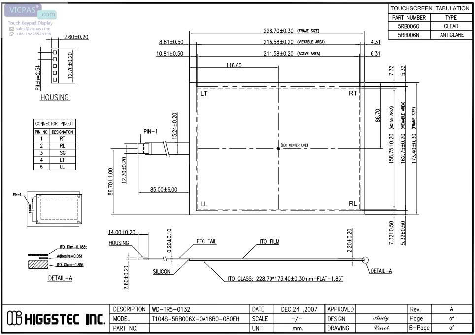 Kích thước Tấm cảm ứng T104S-5RB00SV-0A18R0-080FH kích thước 10.4 inch