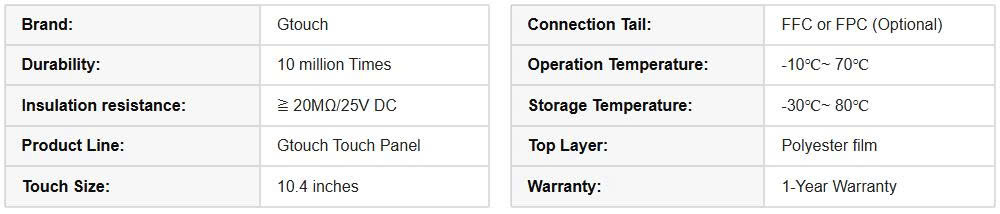 Thông số Tấm cảm ứng GP-104F-5M-NB06B 5 dây kích thước 10.4 inch