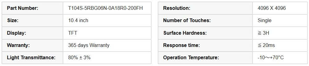 Thông số Tấm cảm ứng T104S-5RBG06N-0A18R0-200FH kích thước 10.4 inch