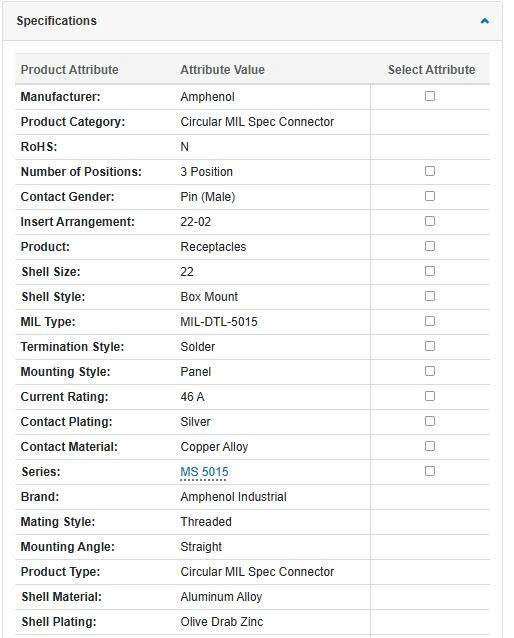 Thông số kĩ thuật MS3106A22-2S