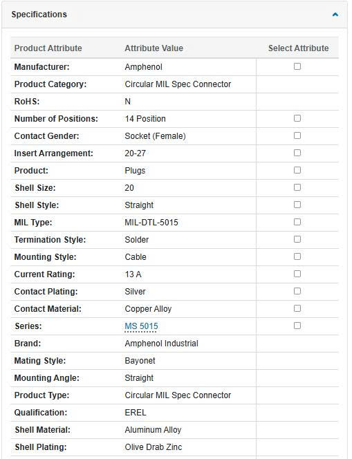 Thông số kĩ thuật MS3106A20-27P