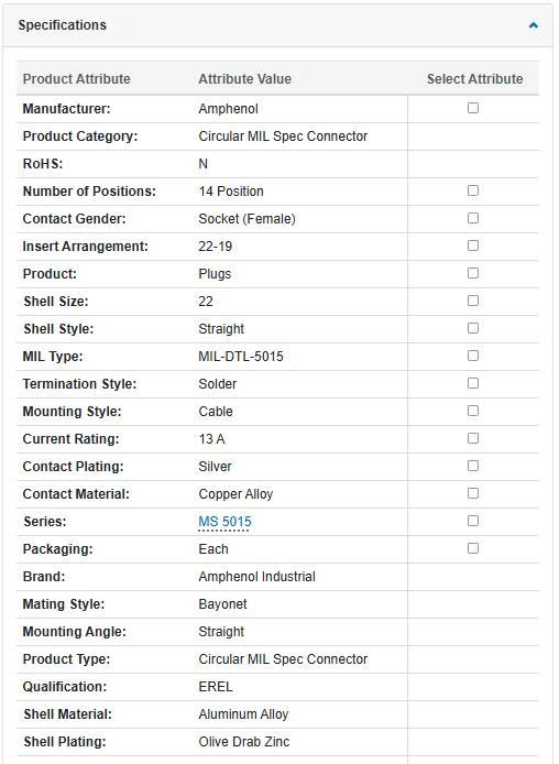 Thông số kĩ thuật MS3106A22-19S