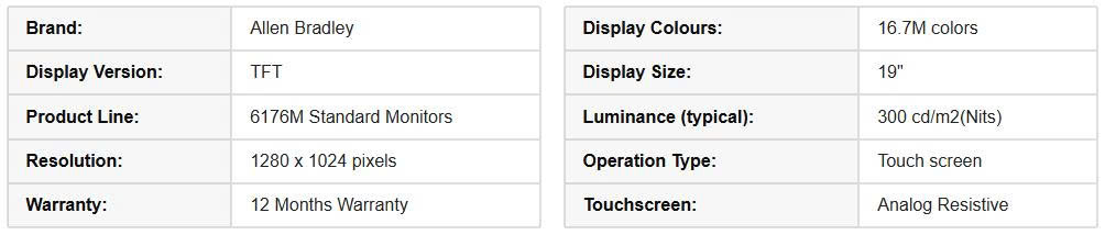 Thông số kĩ thuật Tấm cảm ứng 1950M 6176M-19PT 5 dây kích thước 19 inch