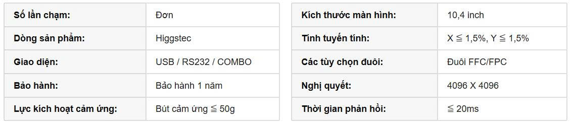 Thông số kĩ thuật Tấm cảm ứng T104S-5RBJ06N-0A18R0-150FH 5 dây kích thước 10.4 inch