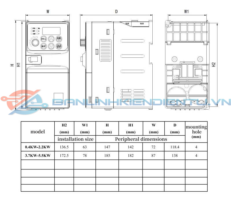 Kích thước Biến tần SUSWE SU600-1R5G3