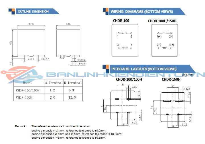 Kích thước CHDR-124D150H Relay 24VDC 150A 60VDC 4 chân