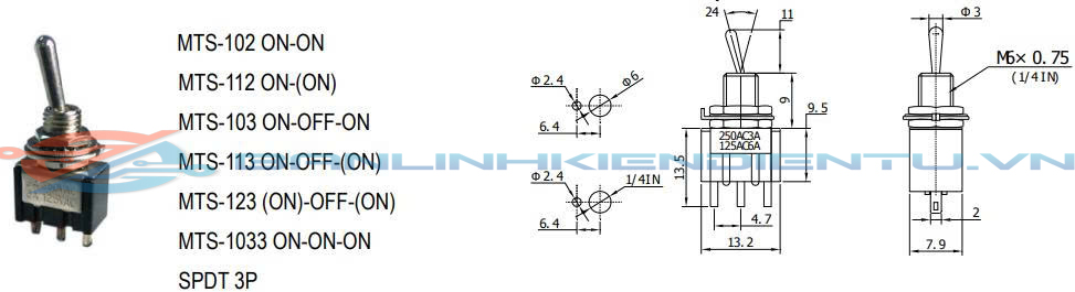 Kích thước Công tắc gạt MTS-102 3 chân 2 tốc độ