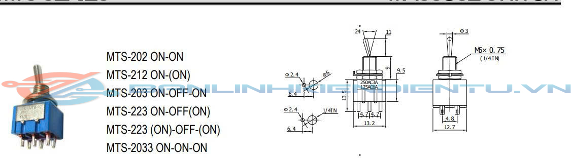 Kích thước Công tắc gạt MTS202 6 chân 2 tốc độ